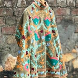 Womens Olive Green Velvet Embroidered Jacket with Floral Design